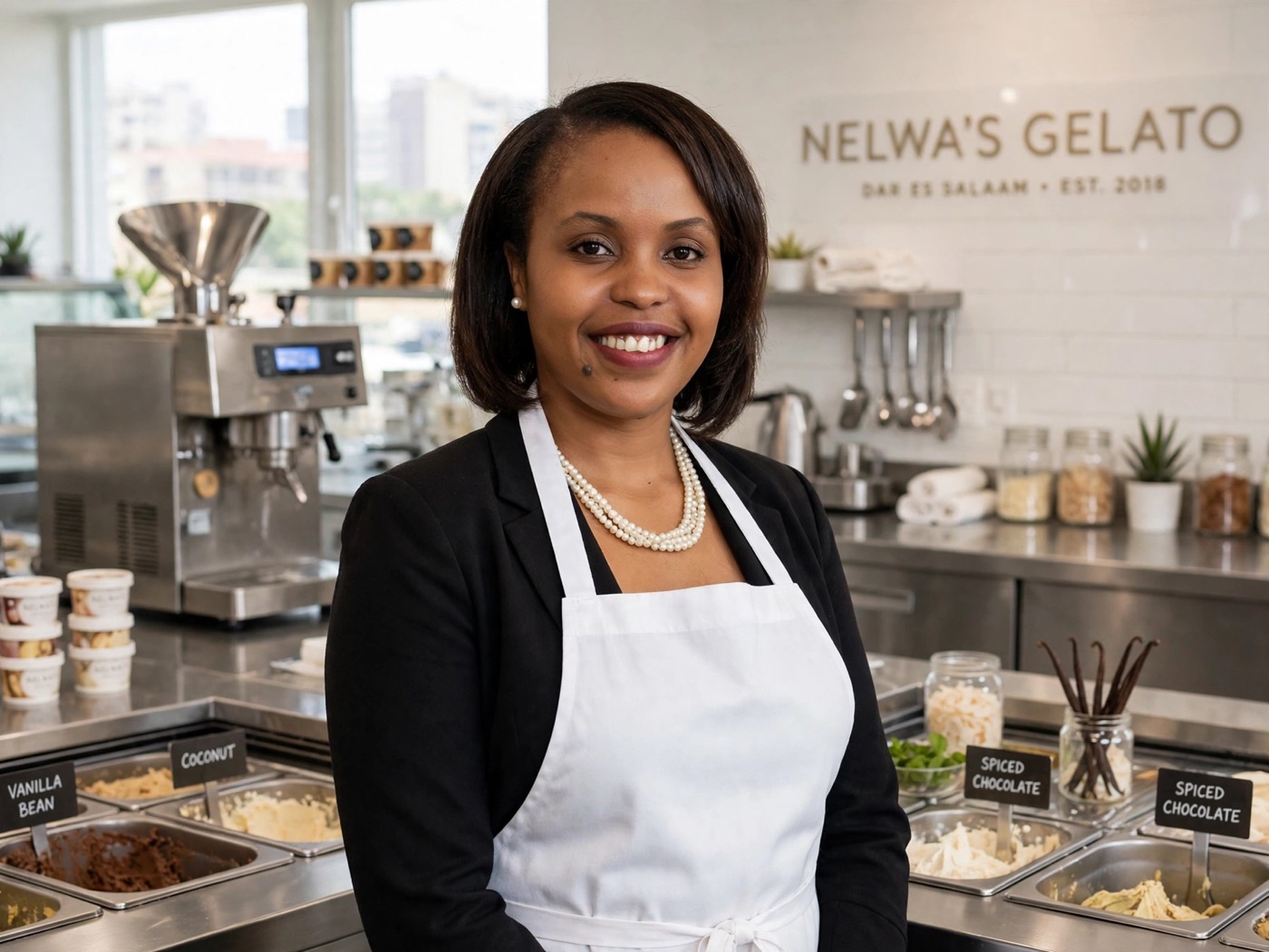 Founder Mercy Kitomari smiling in the Nelwa's Gelato kitchen