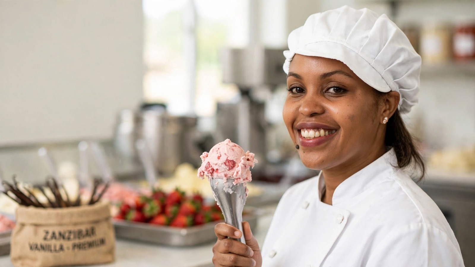 Mercy holding a cone of fresh strawberry gelato
