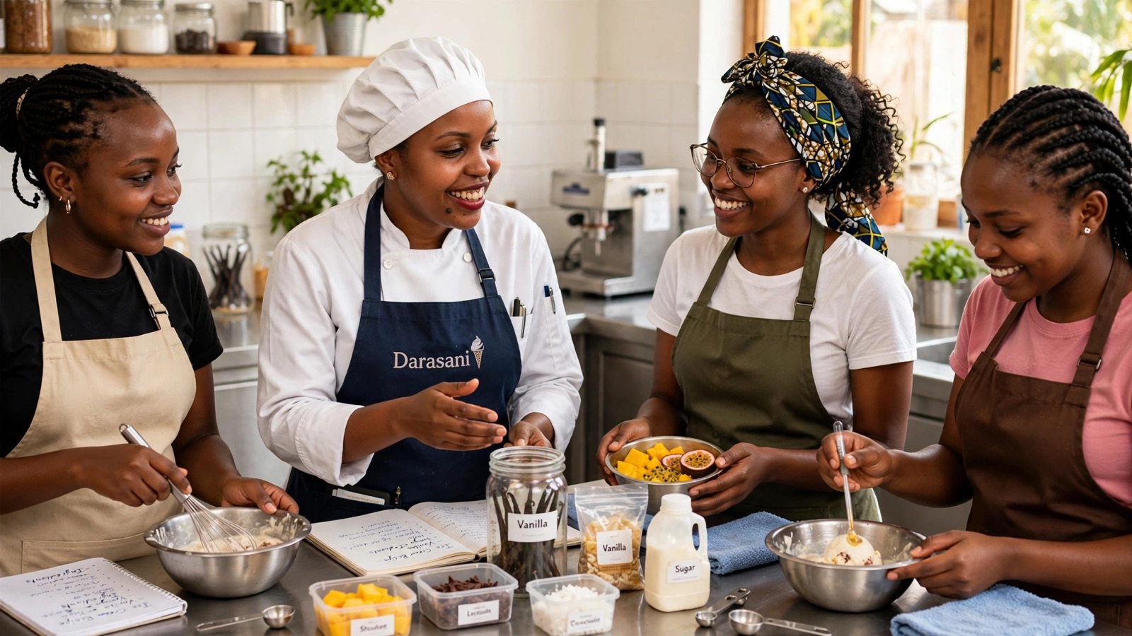 Mercy teaching three women to make ice cream in a bright kitchen