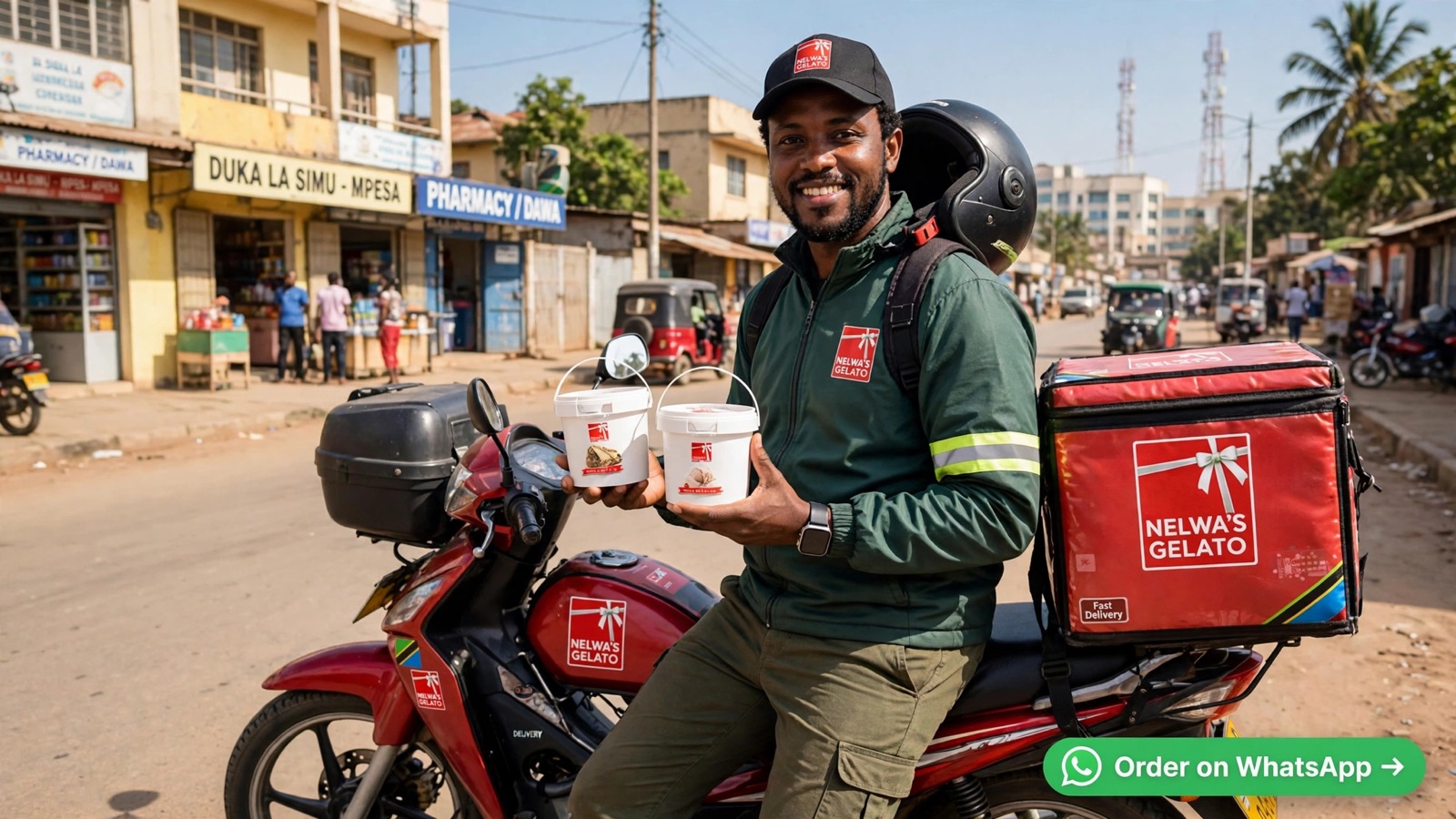 Nelwa's delivery rider holding two tubs of ice cream