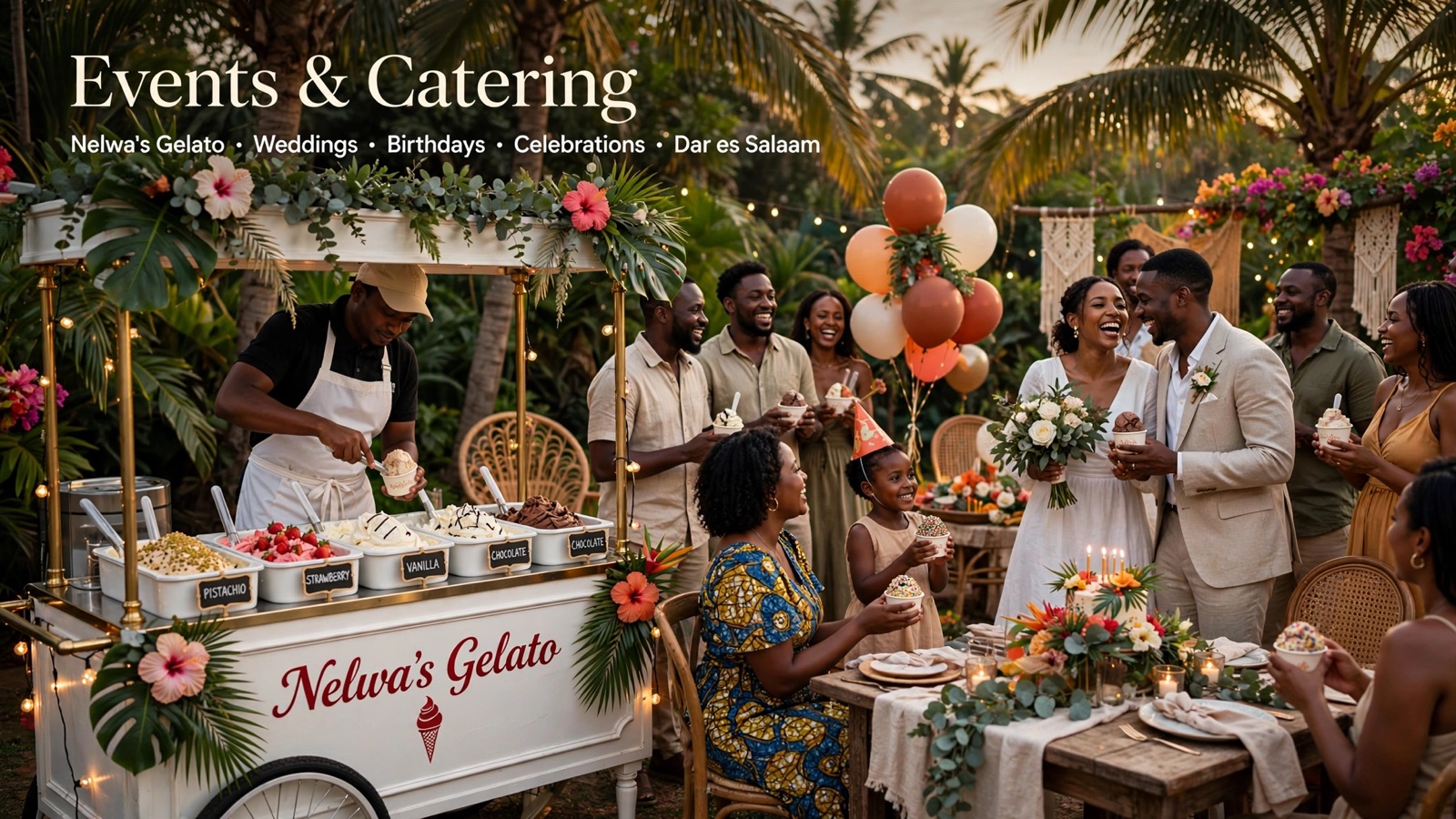Nelwa's Gelato cart serving guests at an outdoor wedding