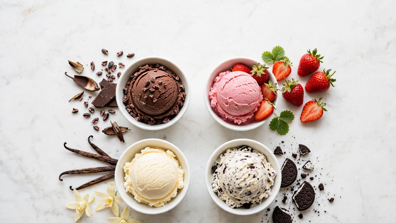 Bowls of chocolate, strawberry, vanilla and Oreo ice cream with fresh ingredients