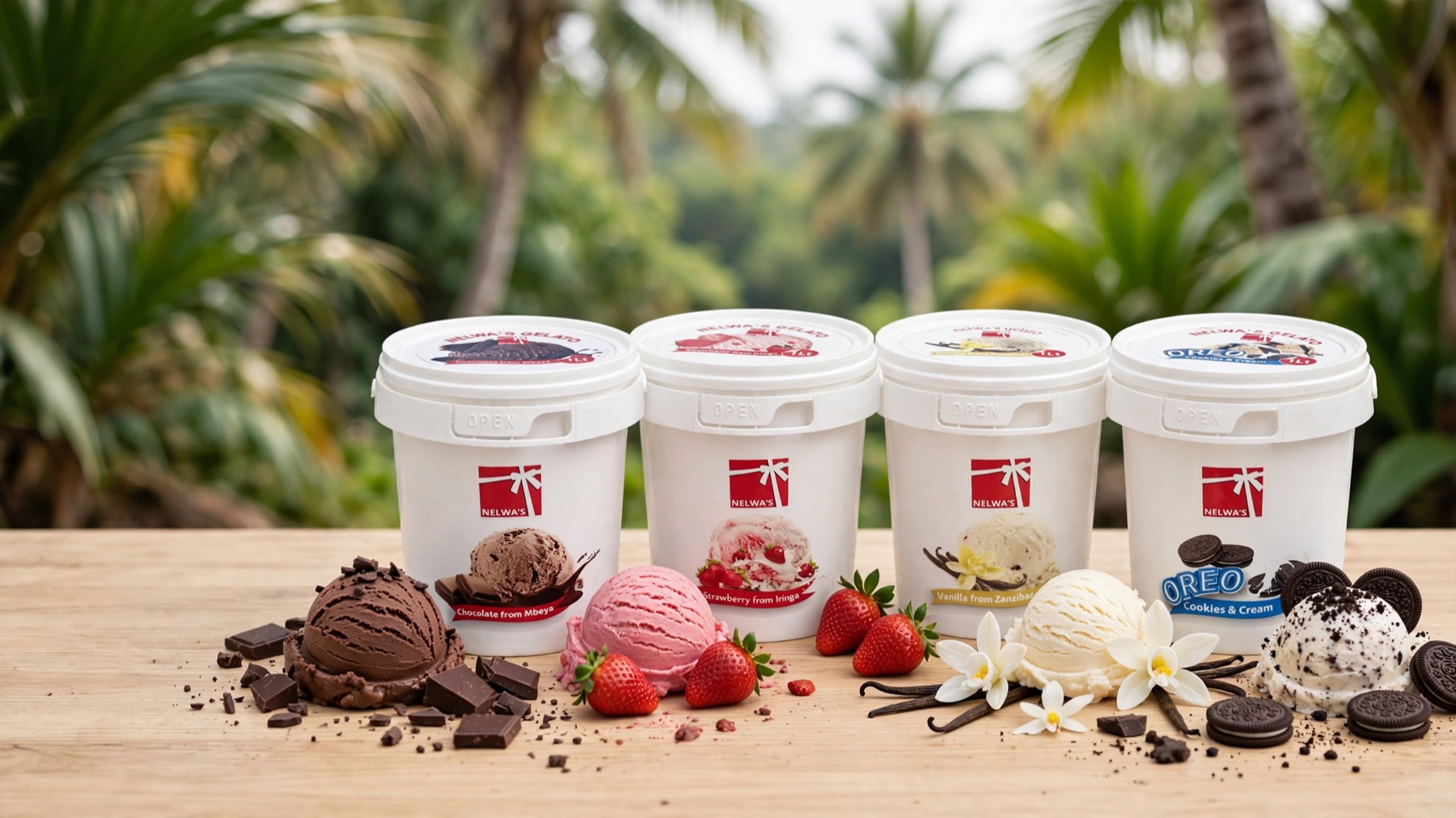 Four Nelwa's ice cream tubs with scoops of each flavour